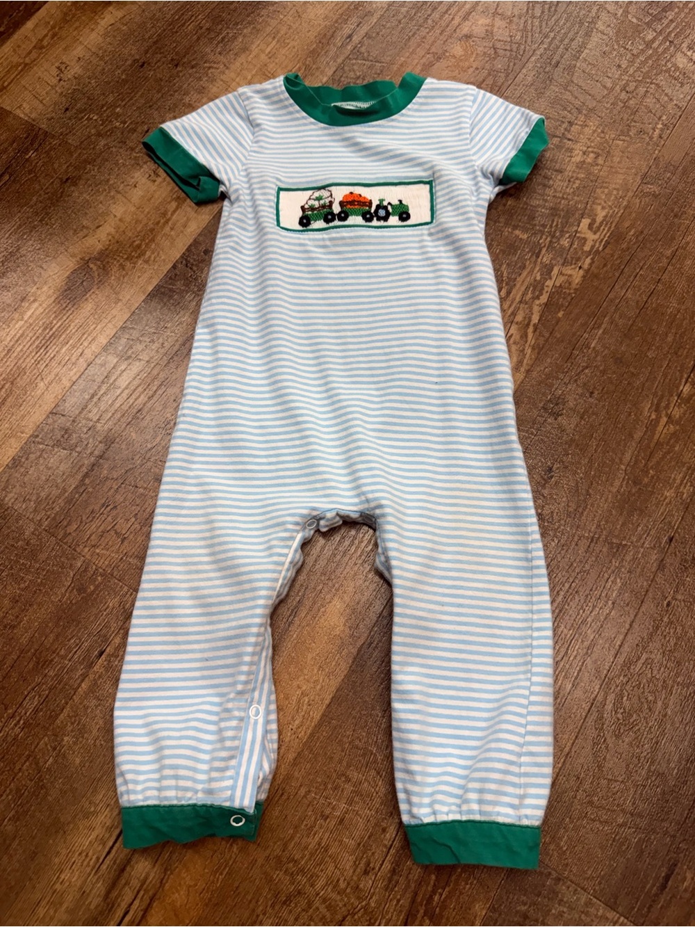 Busy Bees SmocksBlue & White Striped Kids Footie with Green Tractor fall scene